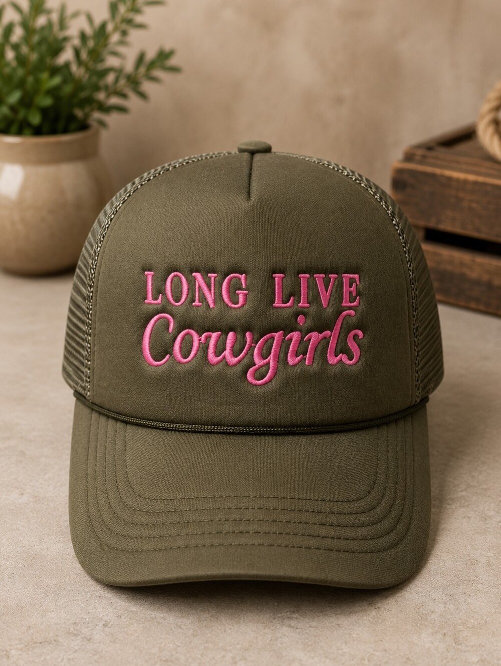Olive Green Trucker Hat with Pink "Long Live Cowgirls" Embroidery - NWT